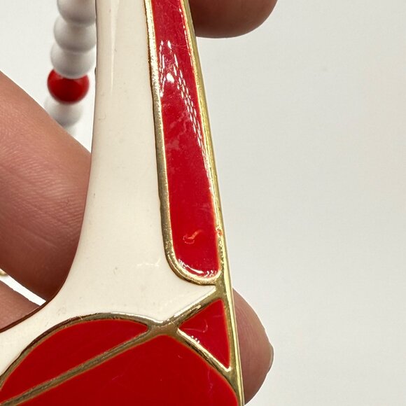 Vintage Red & White Enamel Beaded Necklace With Gold-Tone V-Shaped - Picture 9 of 9